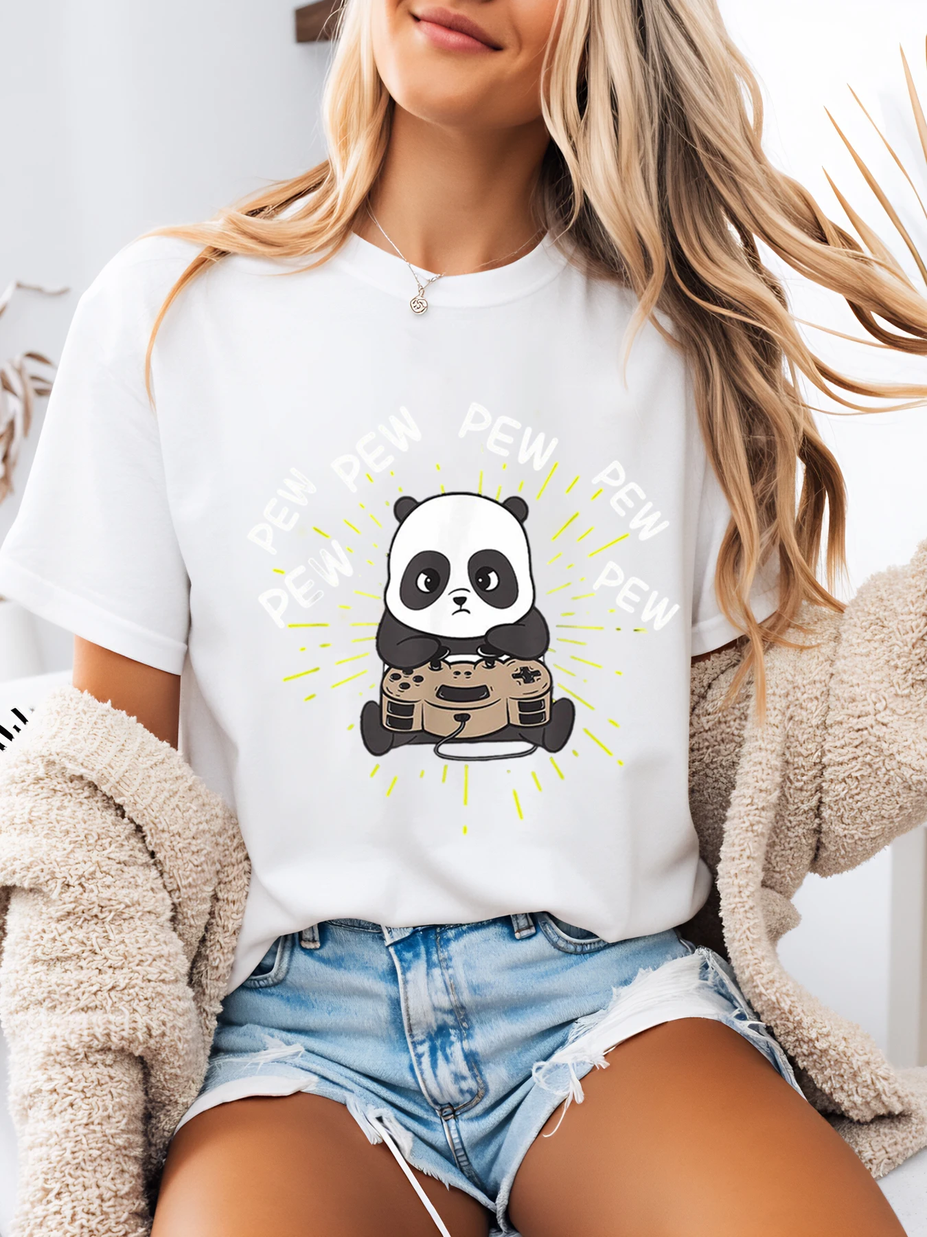 Panda met gamecontroller Pew Pew print t-shirt voor dames vrijetijdskleding wit plus-size