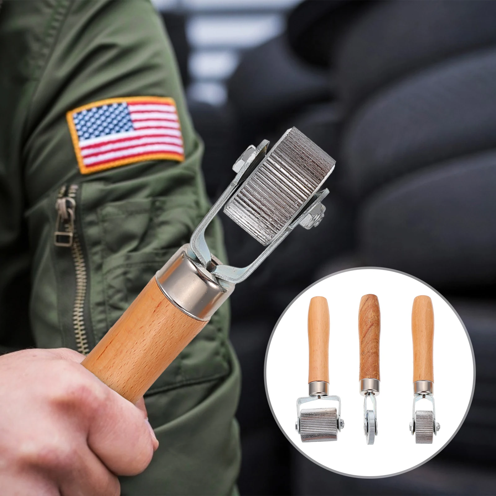 

3Pcs Car Tire Repair Tool Wooden Handle Rollers Durable Pressing Wheel Tire Repair Compaction Roller High Hardness Labor Saving