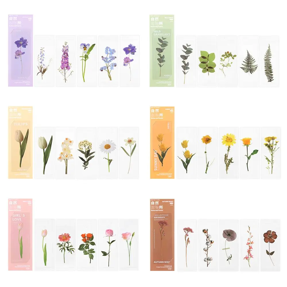 5Pcs/Set Nature Plants Flower Bookmarks Card Translucent Flower Book Note Marker Page Holder PET Reading Bookmarks Stationery