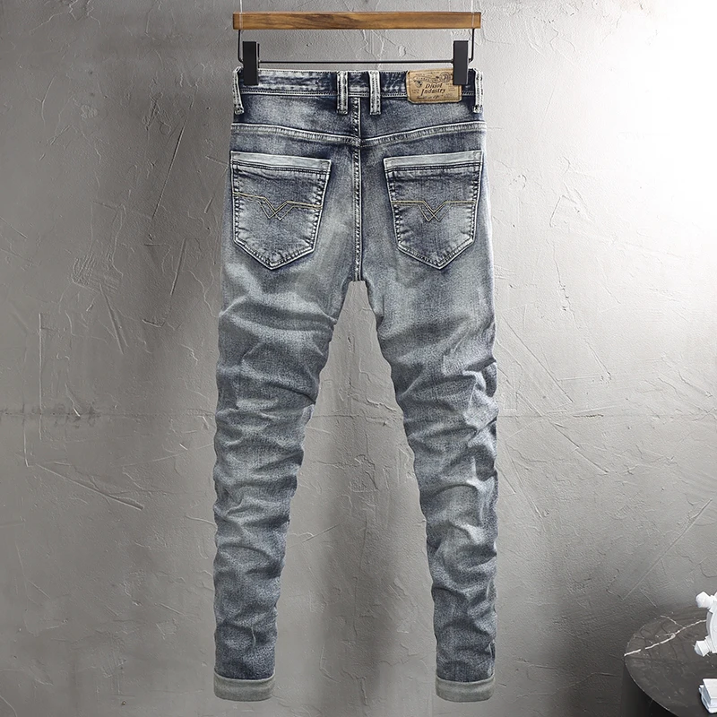 Italian Style Fashion Men Jeans Retro Washed Blue Elastic Slim Fit Ripped Jeans Men High Quality Vintage Designer Denim Pants