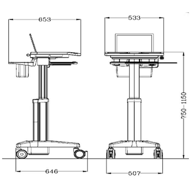 Mobile height adjustable medical laptop cart for hospital