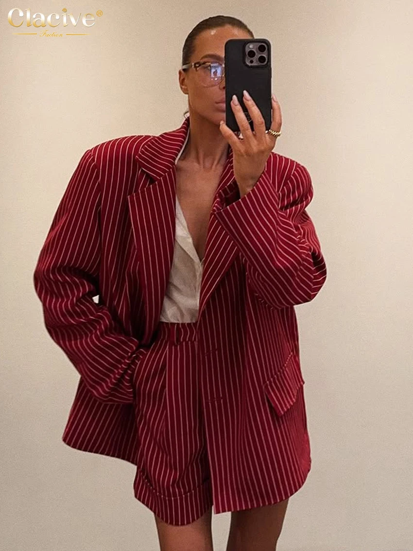 

Clacive Fashion Loose Stripe Print 2 Pieces Set Woman Elegant Long Sleeve Blazer With High Waist Shorts Set Female Streetwear