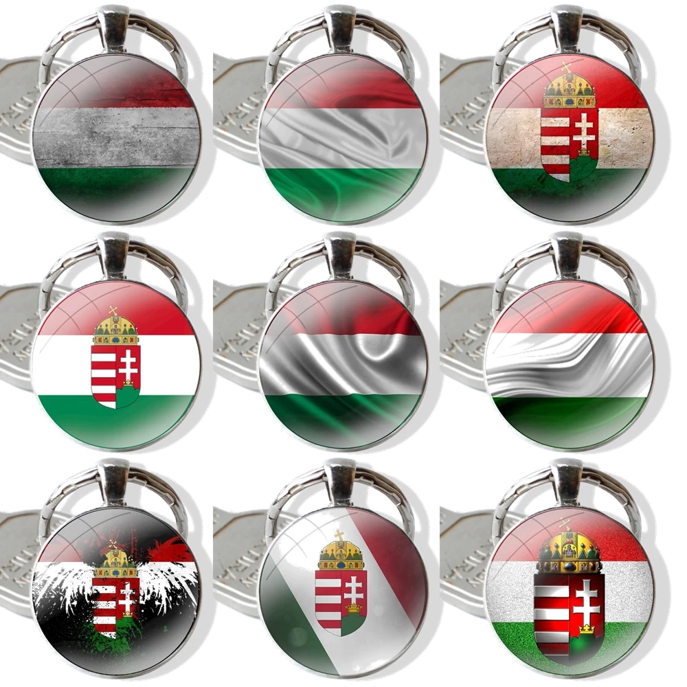 Fashion Creative Design Cartoon Hungary Hungarians Flag Keychain Handmade Glass Cabochon Key Ring Holder Pendant Key Chains