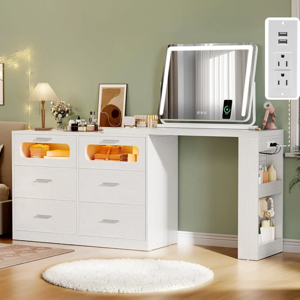 

Vanity Desk with 28in Mirror, Bluetooth Speaker, Vanity Set with Wireless Charging, 360° Rotatable Makeup Table with 3 Dimmable