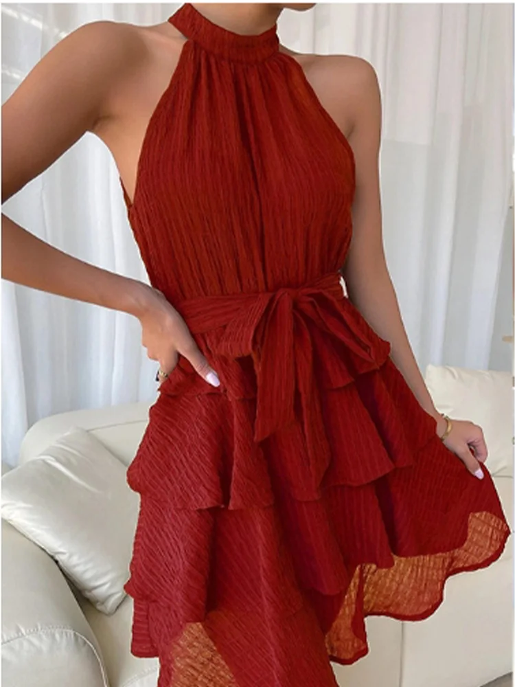 

Stylish Sleeveless Off Shoulder Multi-Layered Ruffle Edge Dress Women's Solid Color Mini Dress Party A Line Dresses