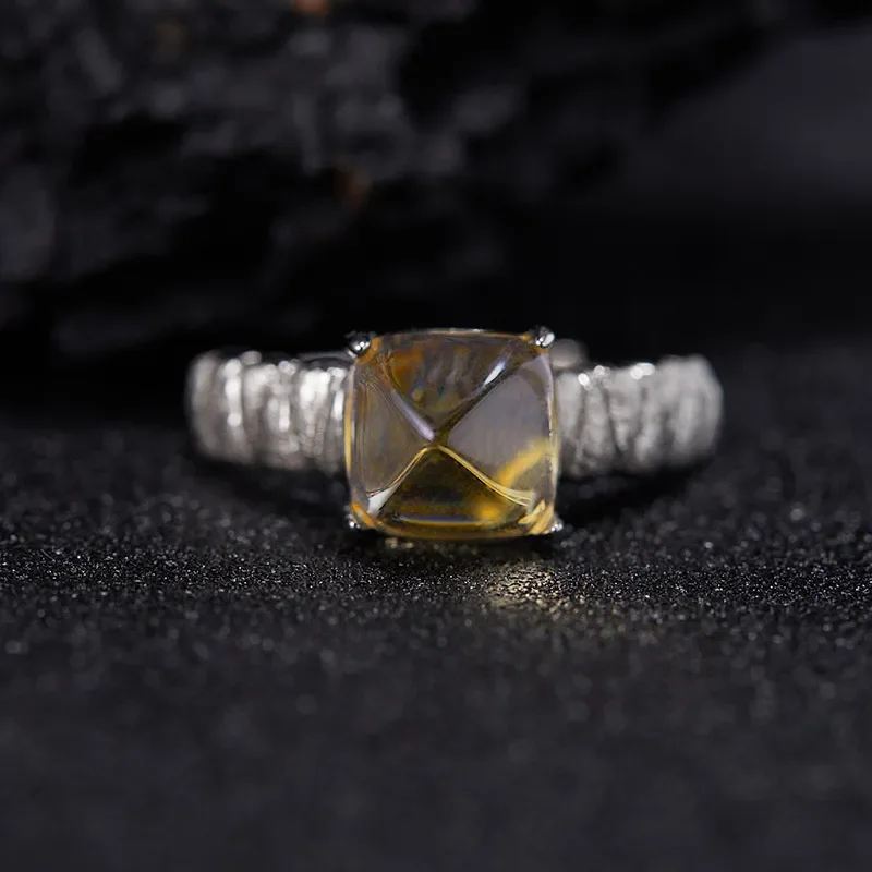 Natural color treasure citrine amethyst sugar tower ring female S925 whole body sterling silver simple brushed index finger