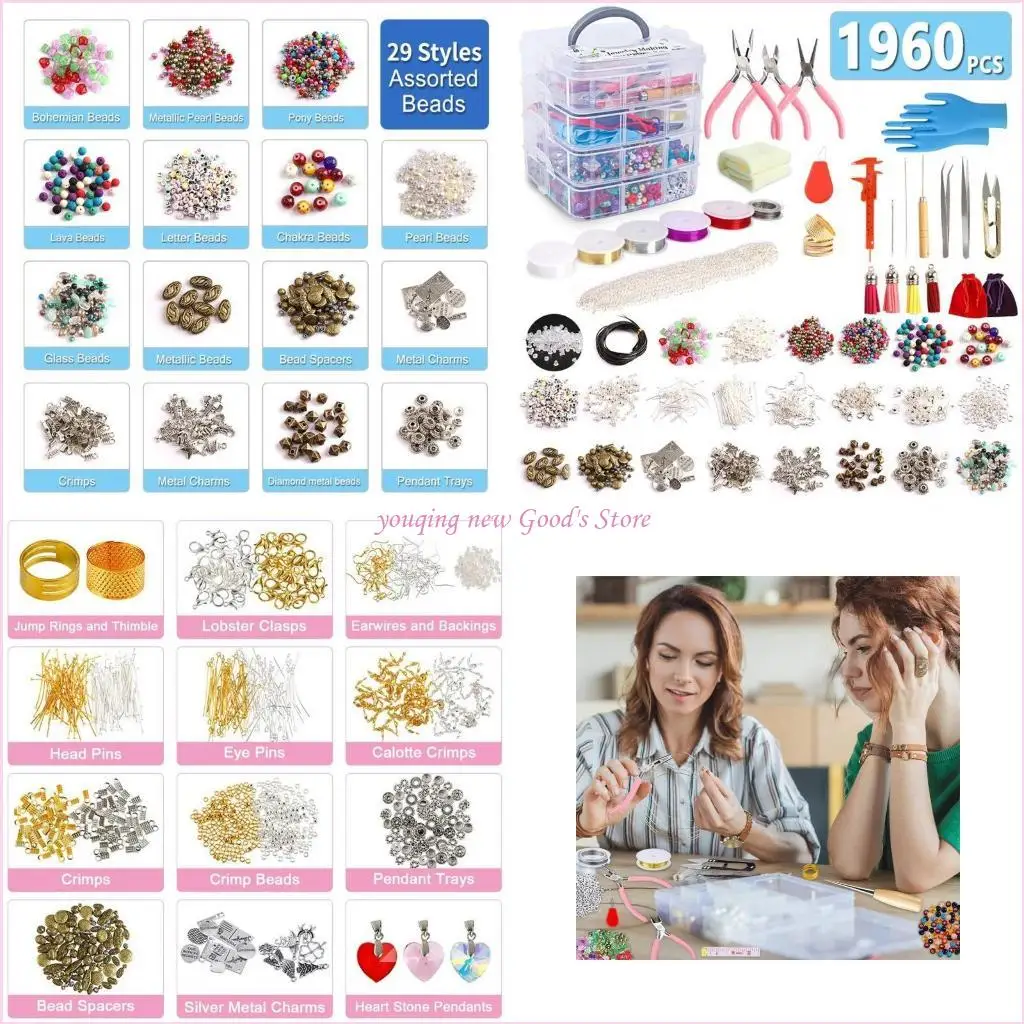 

57QA 1960 Pieces Jewelry Making Supplies with Beads Charms Findings Jewellery Pliers Beading Wire for DIY Necklace