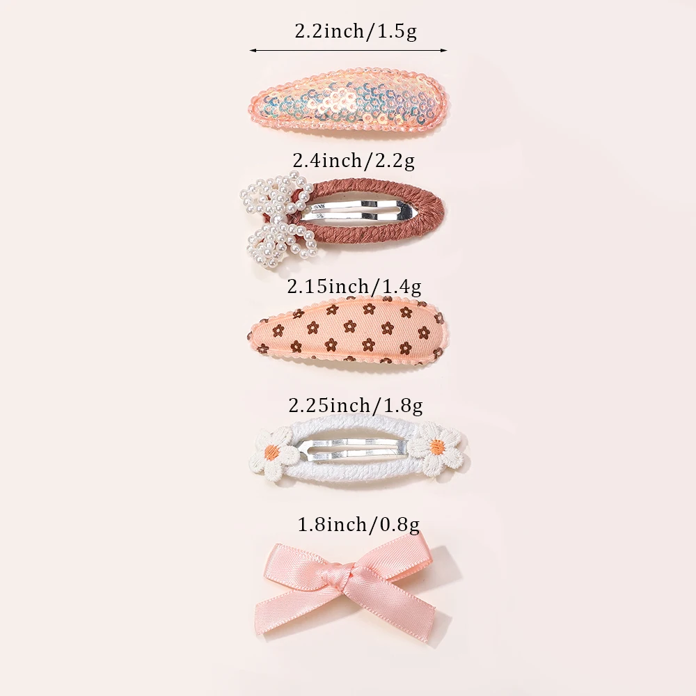 BABY BOWS 5Pcs Sweet Sequin BB Hairclip Embroidered Pearl Handmade Hairgripes for Girls Hair Accessories Ribbon Barrette Set