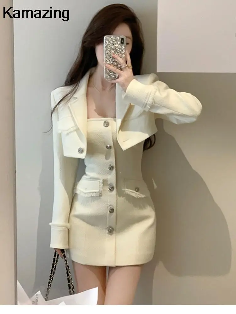 Elegant Autumn New Tweed Two-piece Set Women Long Sleeve Short Jacket Strapless Bodycon Mini Dress Korean Fashion Luxury Outfits