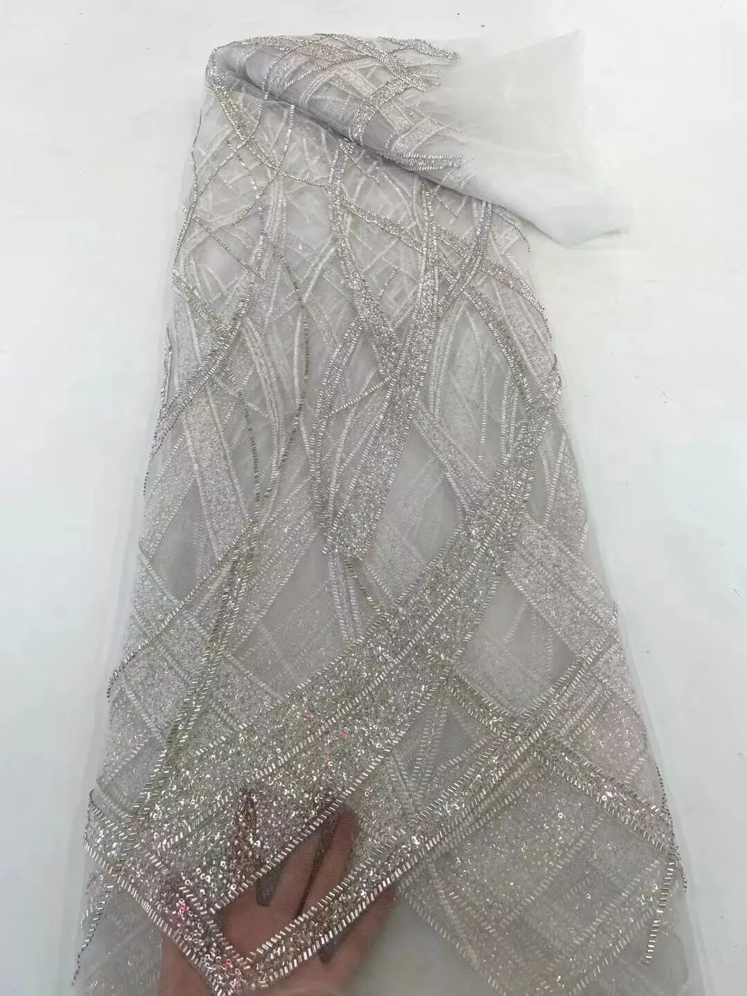 

Sequins Embroidery French Mesh Lace Fabric Latest African S-11019814 Beads Tulle Lace Fabrics for Party