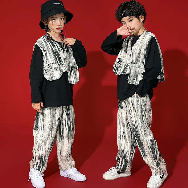 Ropa de Hip Hop para niño y niña, chaqueta sin mangas con estampado de Kpop, chaleco con bolsillo, Top, ropa de calle, pantalones, disfraz de baile de Jazz