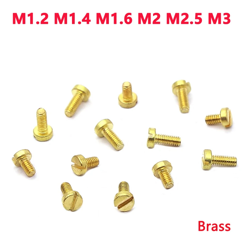 

100pcs M1.2 M1.4 M1.6 M2 M2.5 M3 Brass Copper Slotted Cap Head Column Round Cheese Head Screw Bolt Length 2-10mm DIN84 GB65