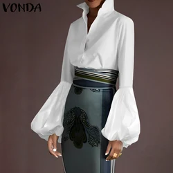 Plus Size 5XL VONDA Women Elegant Solid Color Blouse 2025 Fashion Puff Long Sleeve Shirts Casual Lapel Neck Tops Loose Blusas