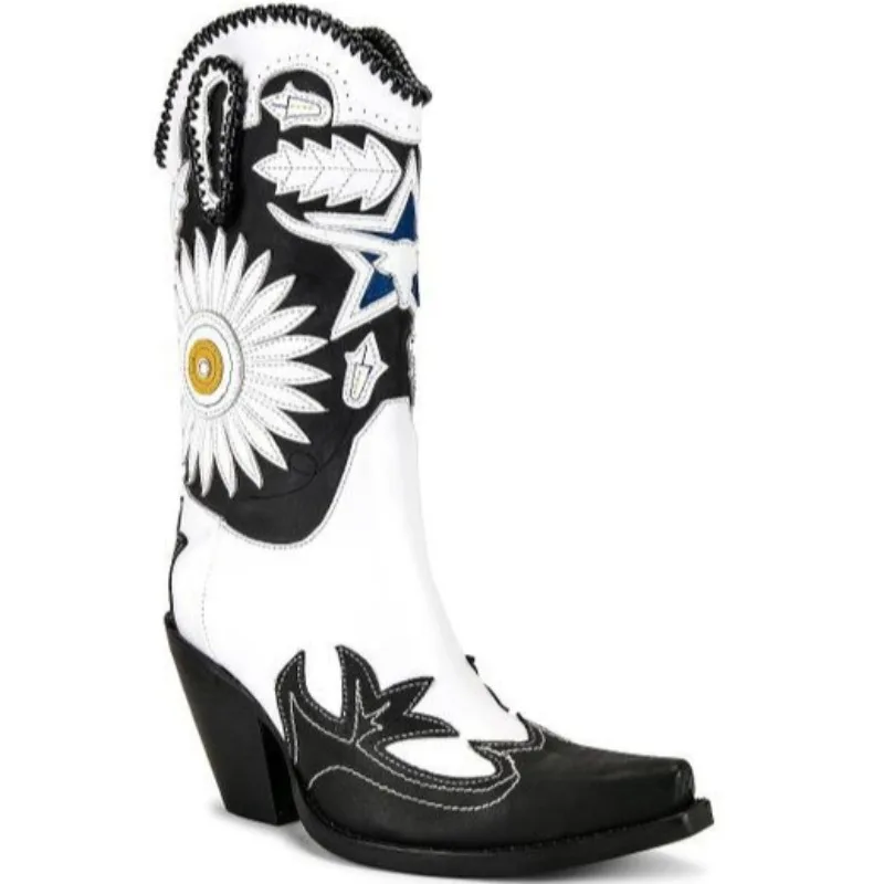 

Women Sunflower Embroidered Western Cowboy Boots Chunky Heel Mid Calf Boots Retro Slip on Shoes for Party Streetwear Botas Mujer