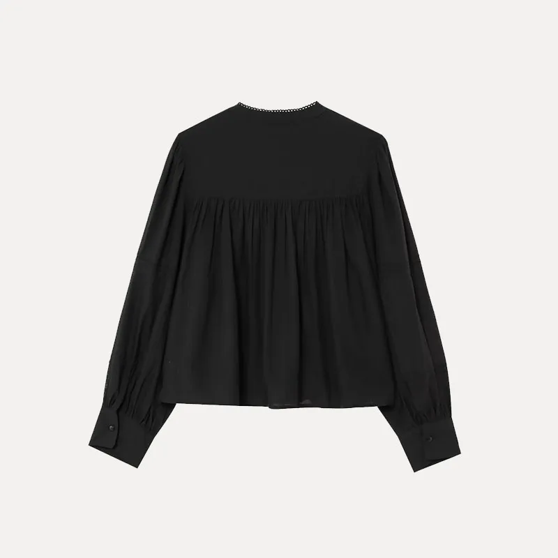 Lente 2025, dames Faion irt kanten rand lang Sve eenvoudige elegantie top Z polyestervezel pure kleur veelzijdige sle