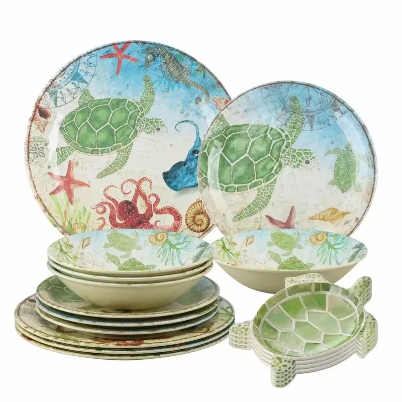for Slattery 16 Piece Melamine Tableware Set Luxury Turtle Design with Starfish Octopus and Seahorse Suitable for Wedding