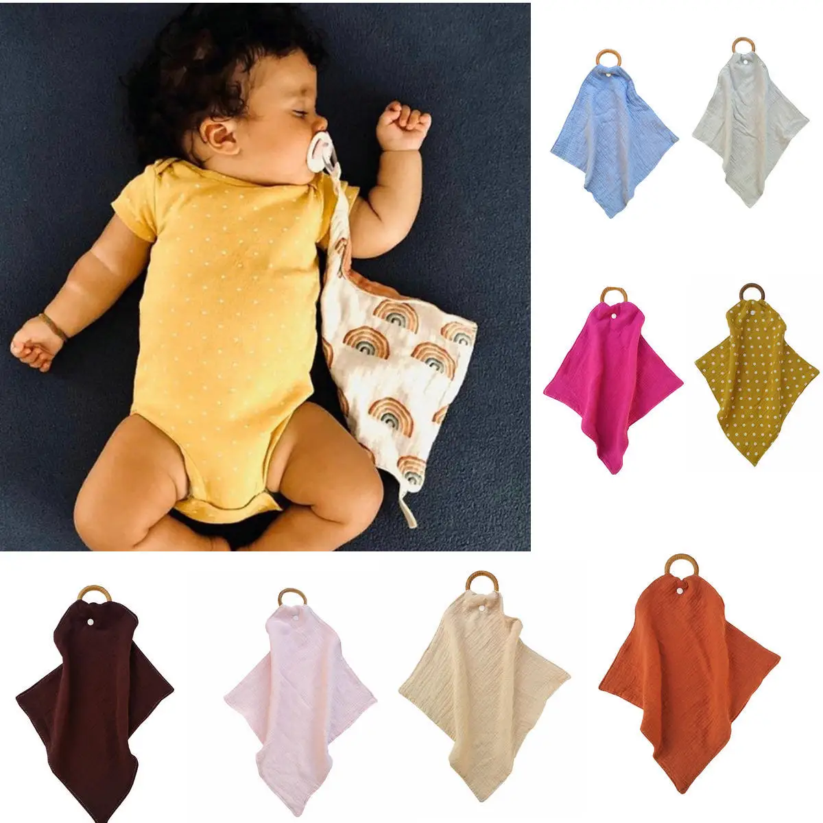 Soft Cotton Baby Bibs Solid Colour Baby Soothe Appease Towel Burp Cloth With Wood Teether Ring Newborn Snap Button Cuddle Cloth