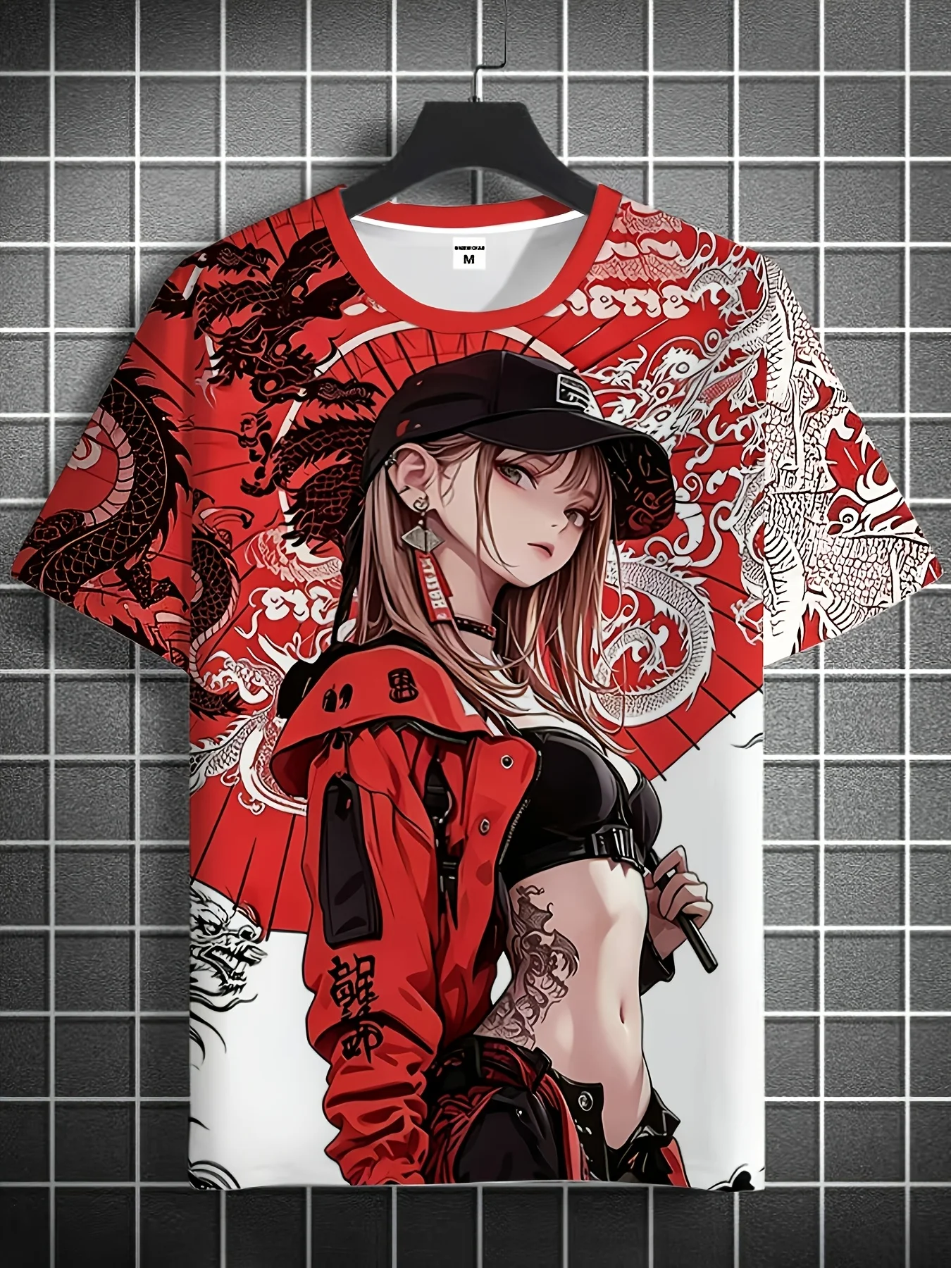 Men's Red Street Anime Girl T-Shirt, Chinese Dragon Graphic Art, Quick Dry Breathable Streetwear for Summer Casual Wear