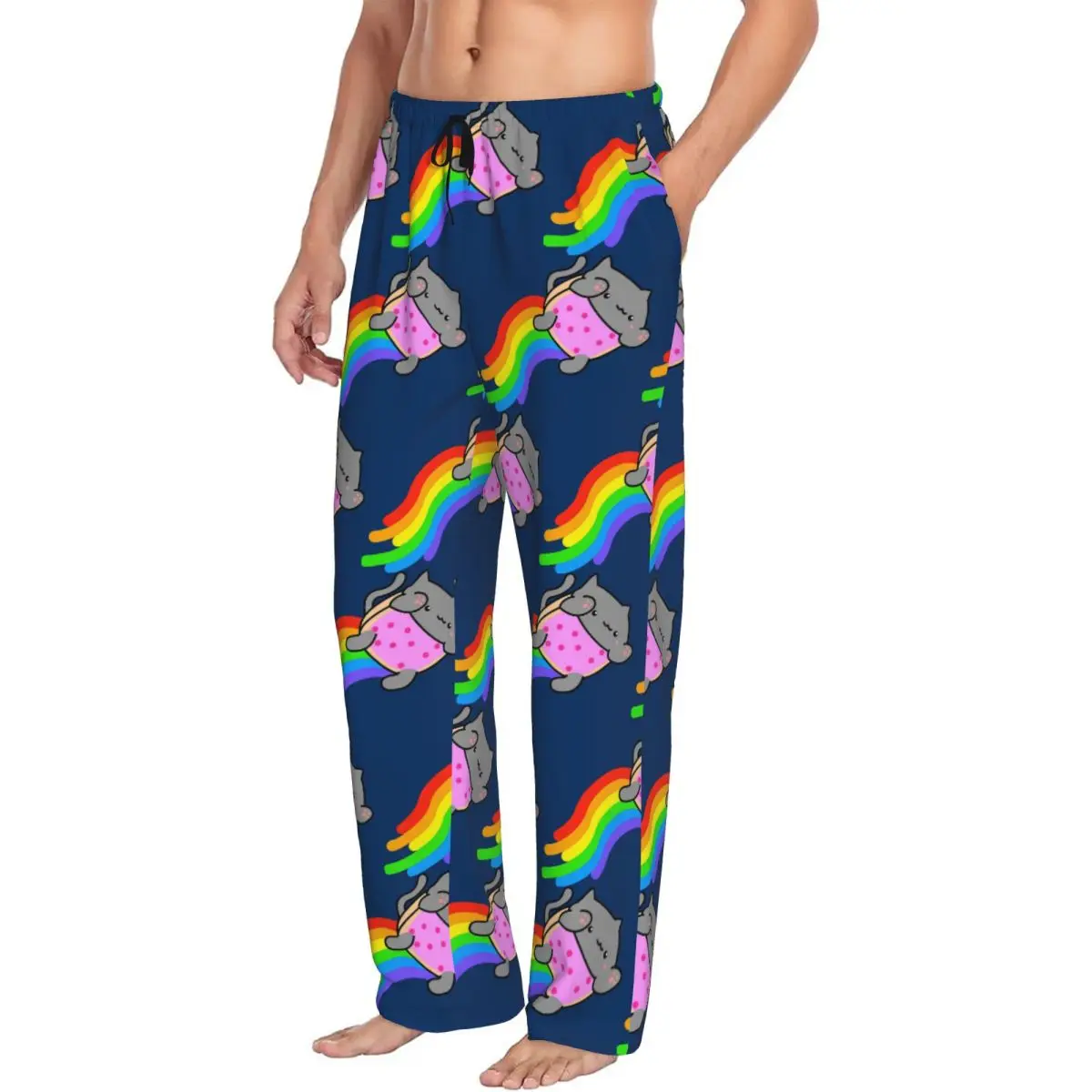 Custom Bongo Cat Nyan Men Pajama Pants Lounge Sleep Sleepwear Bottoms with Pockets