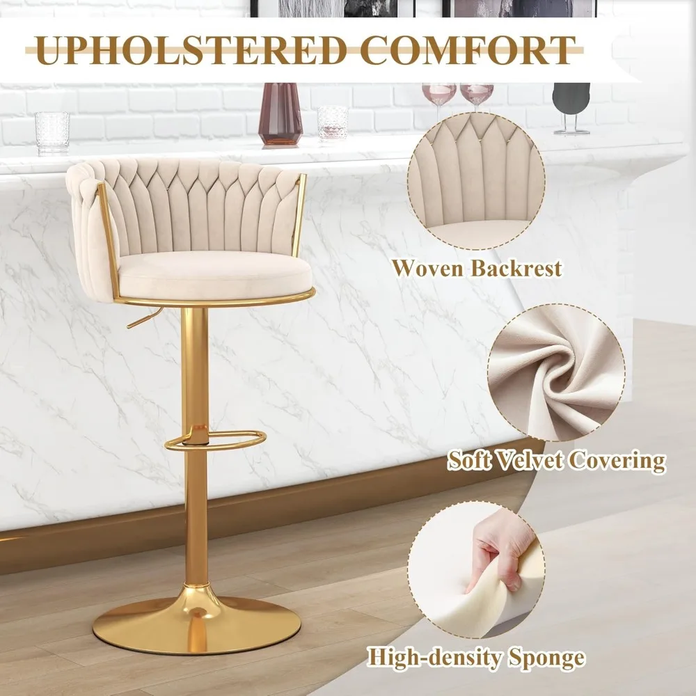 Gold Bar Stool Set of 4, Velvet Swivel Barstools, Height Adjustable Counter Stools with Woven Backrest, Upholstered Modern image 5