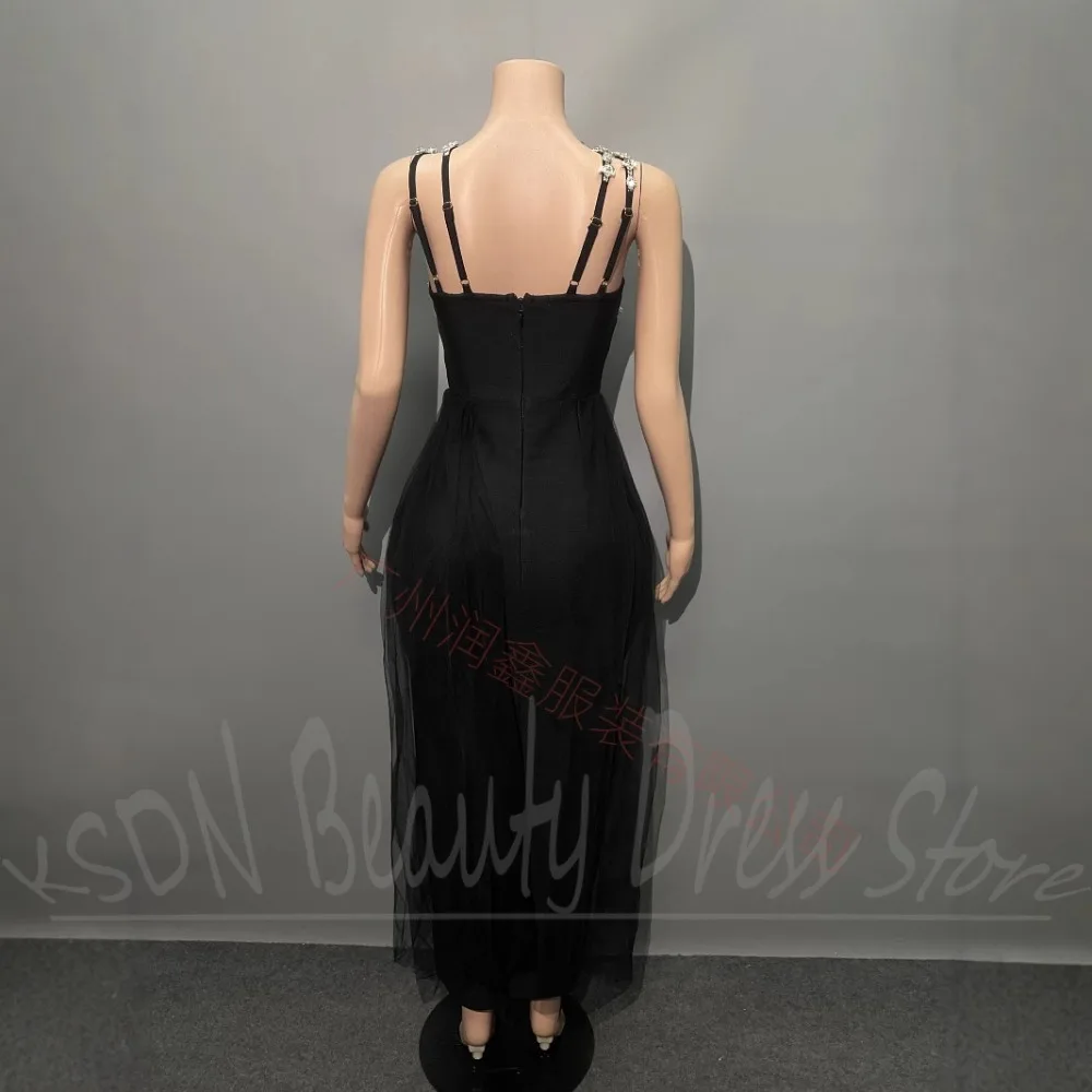 Eleganckie sukienki damskie kryształy Halter proste suknie wieczorowe czarne nowe modne proste sukienki bez rękawów do podłogi