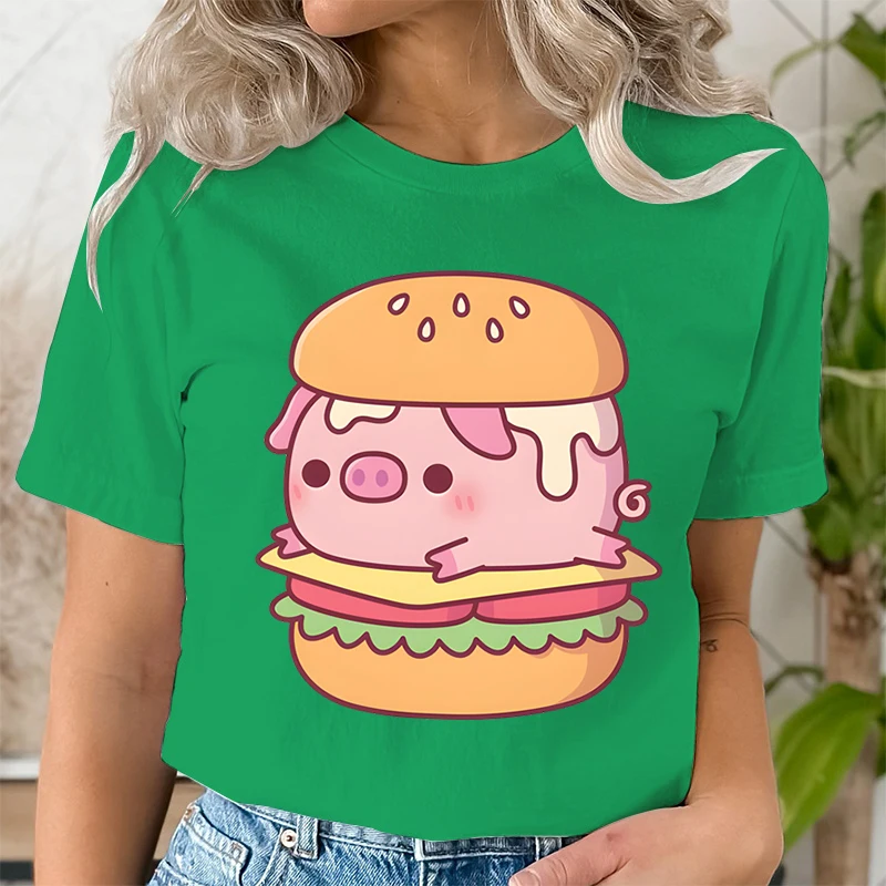 Harajuku Fashion T-shirts Aesthetic for Women Trend Casual Tee Clothes Female Clothing Funny Burger Pig Animal Print Tee Shirt