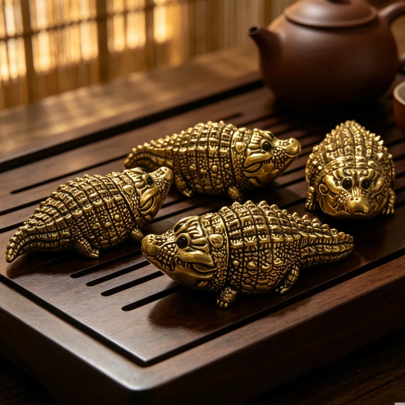 1pcs Brass Crocodile Small Statue Desktop Decoration Vintage Animal Alligator Miniatures Figurines Home Decor Ornament Crafts