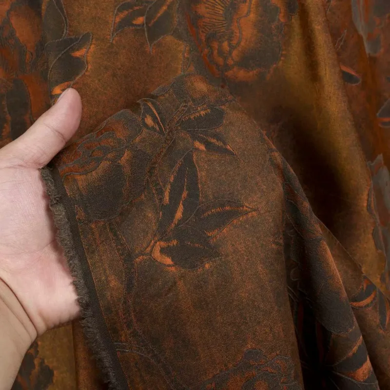 Jacquard Satin Fabric Caramel Brown Butterfly Peony Heavyweight Lustrous Vintage Zen Style for Hanfu Coat Vest DIY Sewing