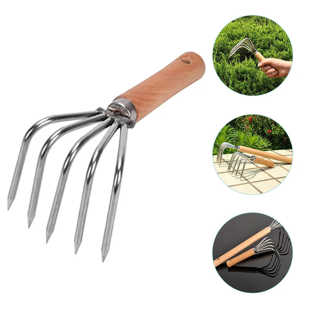 5 Tine Beach Shell Digging Rake Stainless Steel Claw Design Wood Handle for Oysters Clams Seafood Easy Digging Portable Reliable