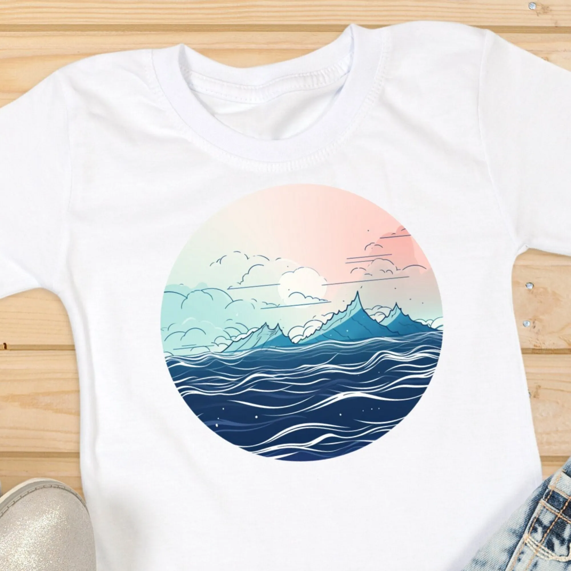 Ocean Bliss T Shirt Mountain Peaks Pastel Sky Tee Dreamy