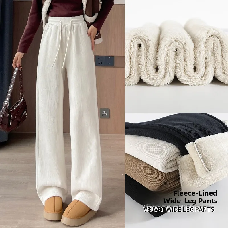 لامب المخملية بنطال ذو قصة أرجل واسعة المرأة الخريف الشتاء جديد Sle Fce اصطف ثي عادية تنوعا ثريبي الدافئة مستقيم الساق السراويل #4