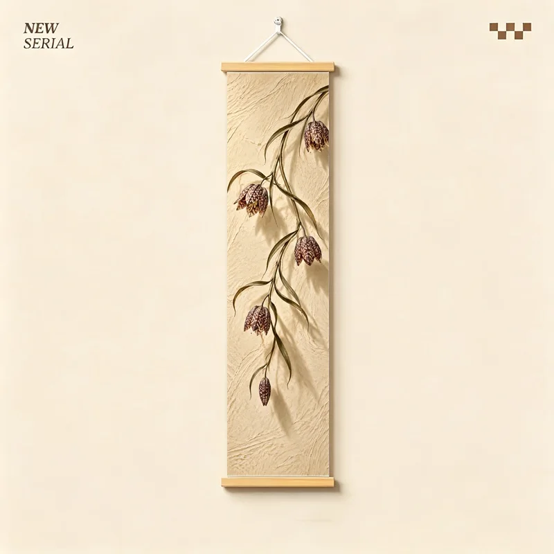 Wall Decor Fritillaria and Ivy, Natural Wabi-Sabi Botanical Silver Shimmer Canvas Hanging Scroll for Japandi Living Room