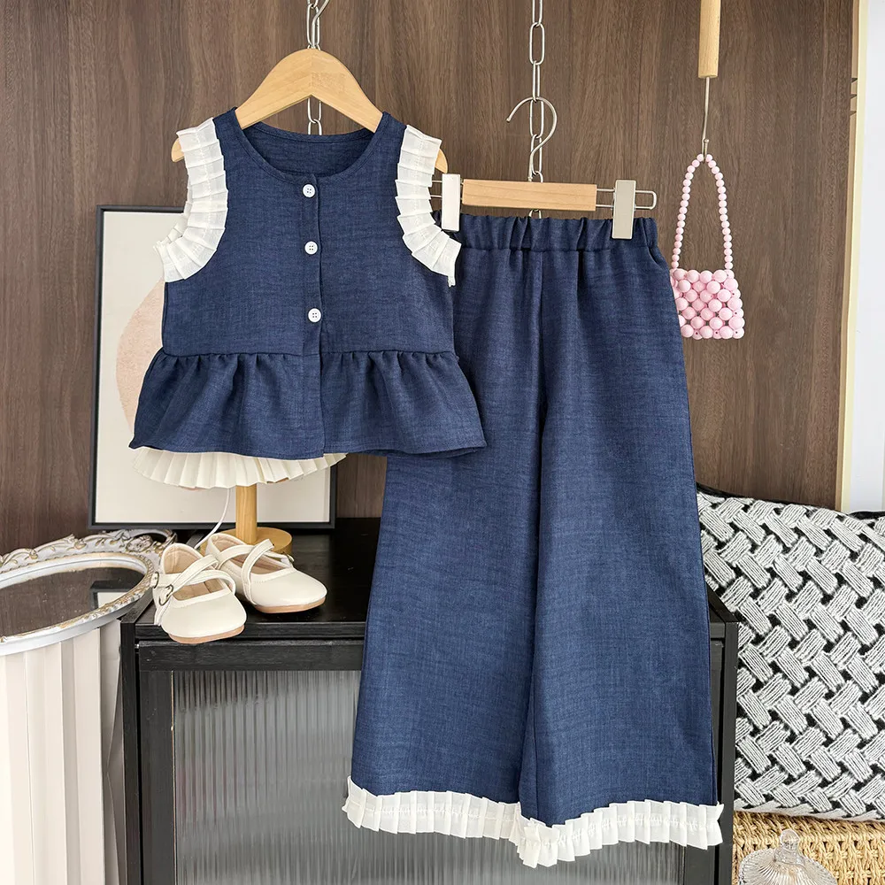 Summer New Blue Imitation Denim Suit Lace Patchwork Sleeveless T-shirt Top + Wide Leg Pants Two-piece 3-10 Years Kids Girl Set