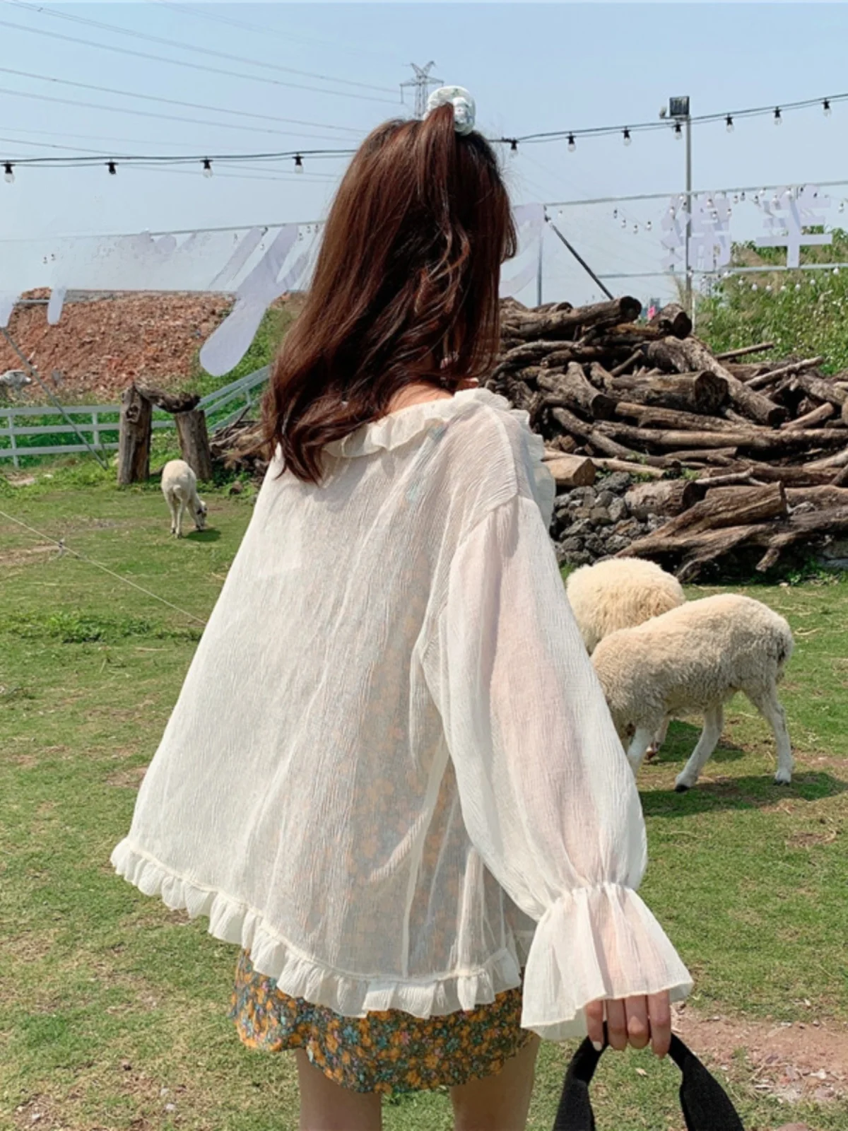 Ele Summer Thin Chiffon Top awl Women's Outerwear Sun Protection Korean Sle Bubble Sve V-ne Regular Length