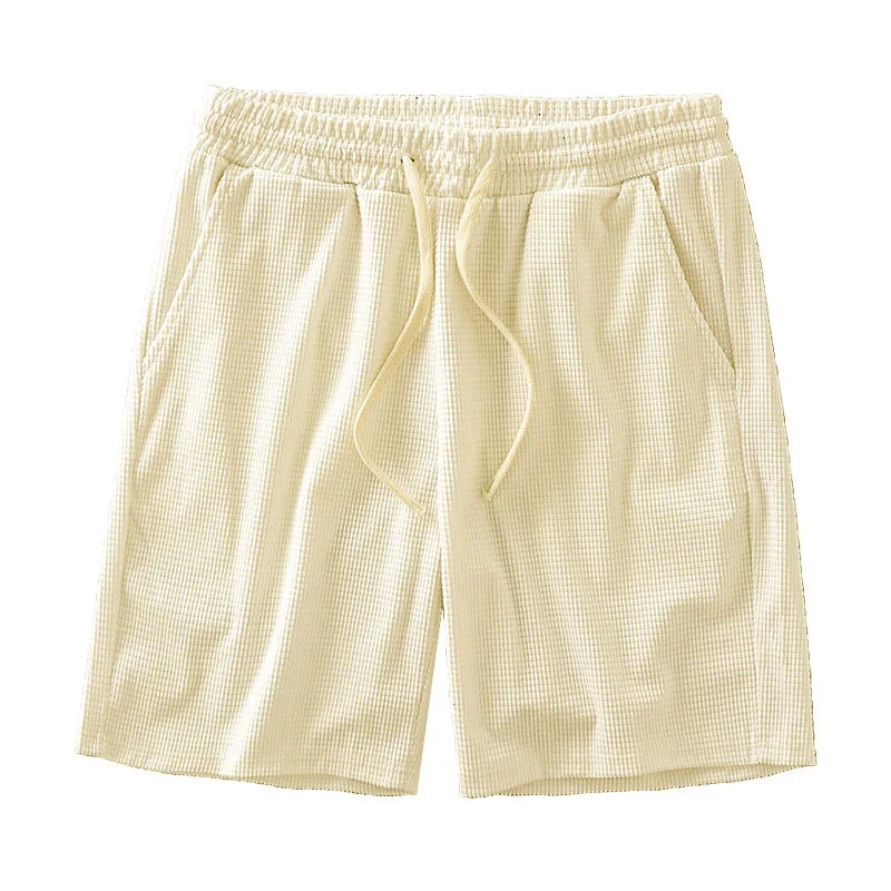 Männer Shorts Einfarbig Mittlere Taille Sommer Bewegung Waffel Textur Tiefem Schritt Kordelzug Männliche Shorts Lose Knie Länge Casual Kurze – Detail 8