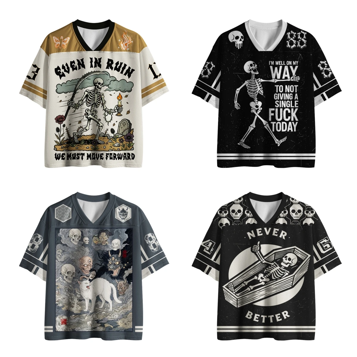 2026 Gothic Skeleton Jersey Bundle,4 Styles Grim Reaper Skull Ghost Cat Graphic Unisex V-Neck Sports Tee, Halloween Streetwear