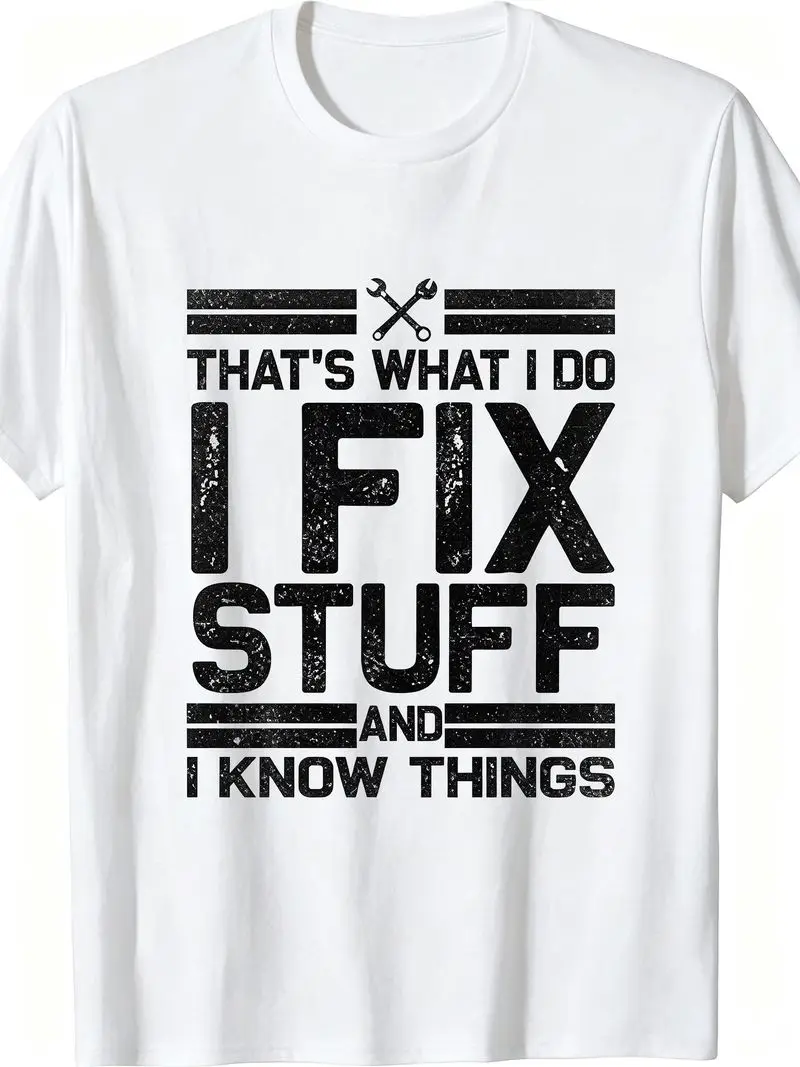 Men's Pure Crew-Neck T-Shirt With Vintage I Fix Stuff Graphic And Wrench Motif, Top For Repairmen Workwear, All-Season Tee