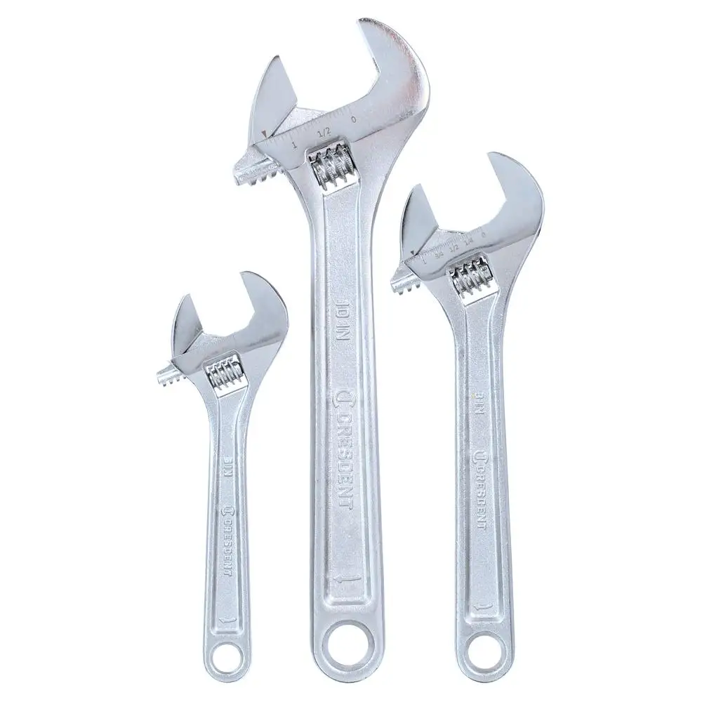 Adjustable Wrench Set 3pc Knurl Handle Hex Grip Chrome Finish Solid Operation Heavy Duty