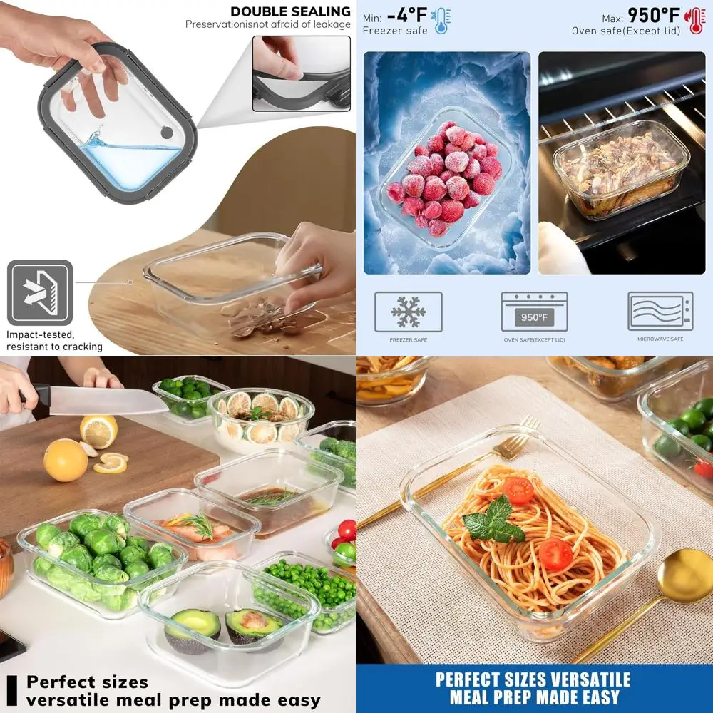 

5-Piece Borosilicate Glass Meal Prep Containers with Lids, 35.2oz Capacity, Airtight, Microwave & Freezer Safe (Gray)