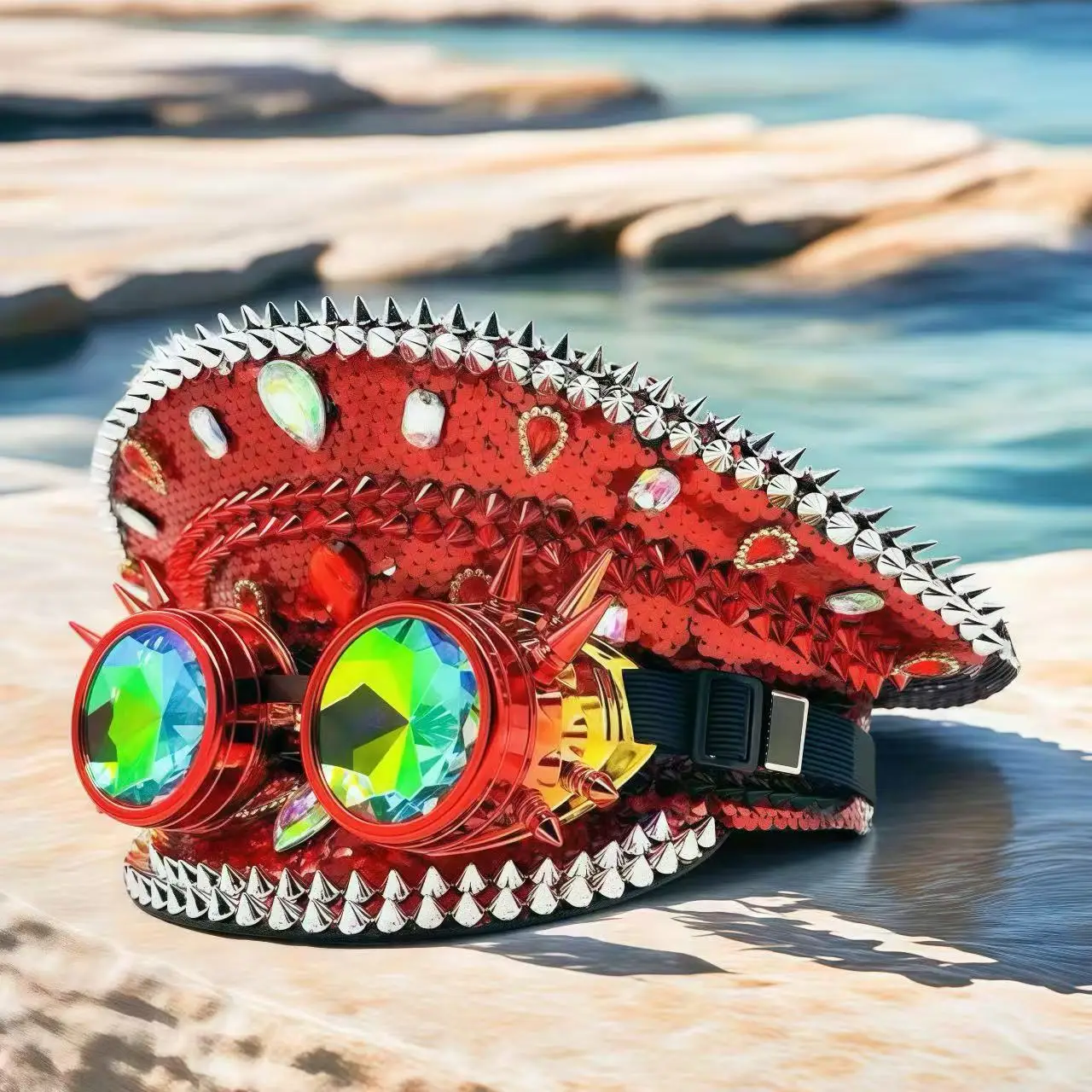 

HongLuan Red Bling Steampunk Captain Hat Rhinestone with Goggles for Burning Man Festival Woman - Military Hats & Cap for Man