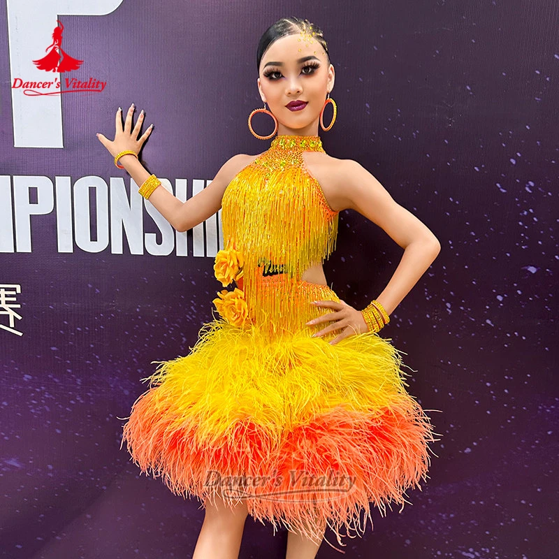 Women Adult Latin Gradient Feather Fringed Dresses Size Can Be Customized Samba Chacha Contest&Perform Clothes Dancer's Vitality