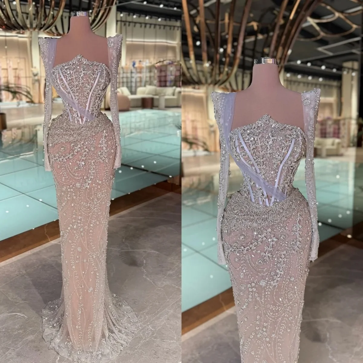 فساتين سهرة أنيقة بأكمام طويلة مطرزة بالخرز فستان حورية البحر للحفلات الراقصة مخصص بطول الأرض من الدانتيل #1