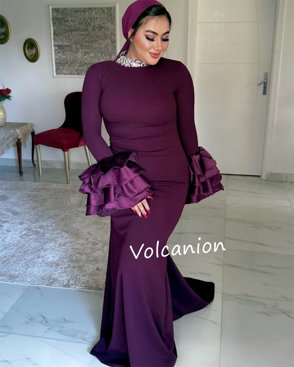 Jersey personalizado rebordear volante vaina cuello alto vestidos largos ocasión a medida fiesta de noche clásico Formal elegante