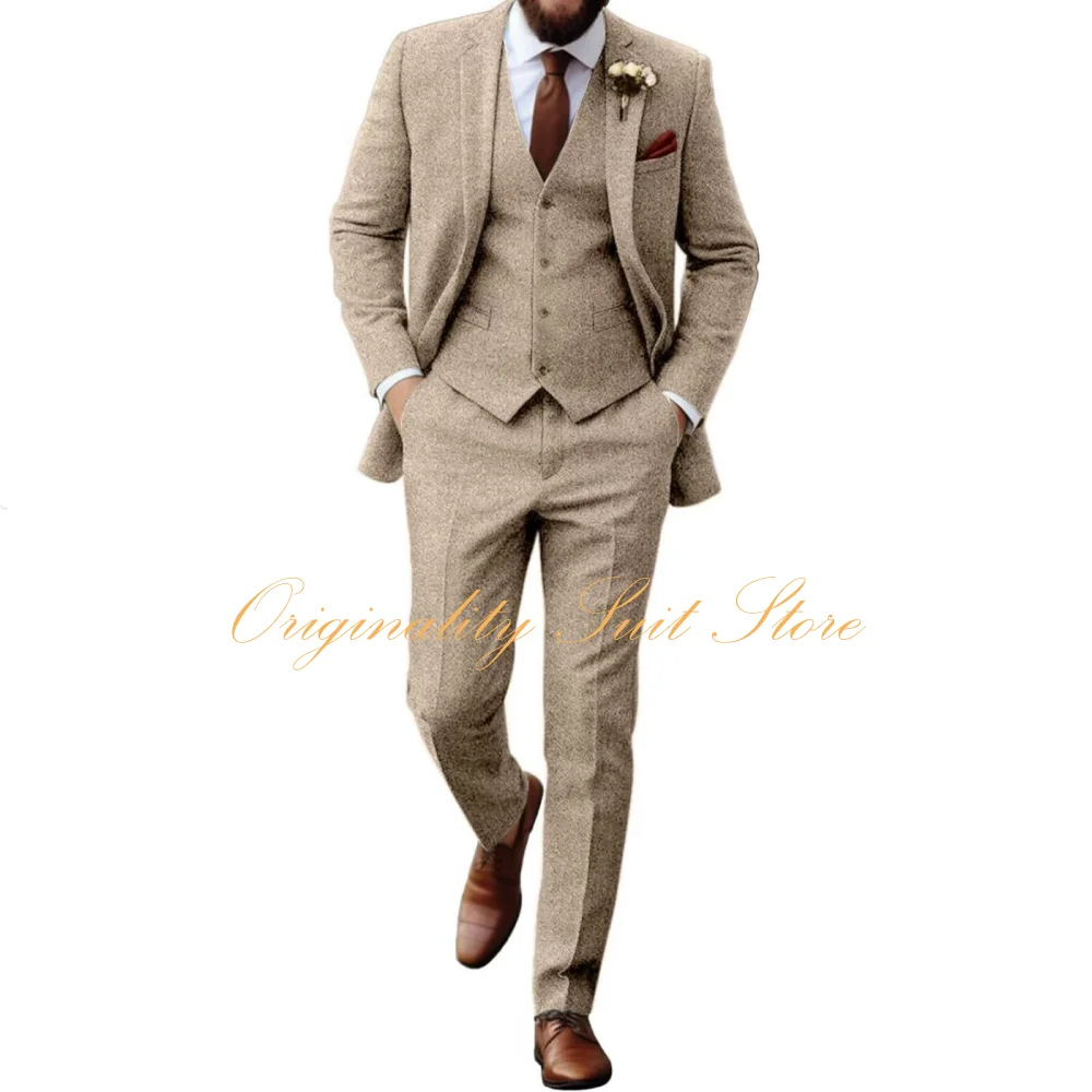 Retro Tweed Herringbone Suit for Men Slim Fit Groom Tuxedos 3 Pieces Jacket Vest Pants Suit Set Wedding Prom Men's Suits