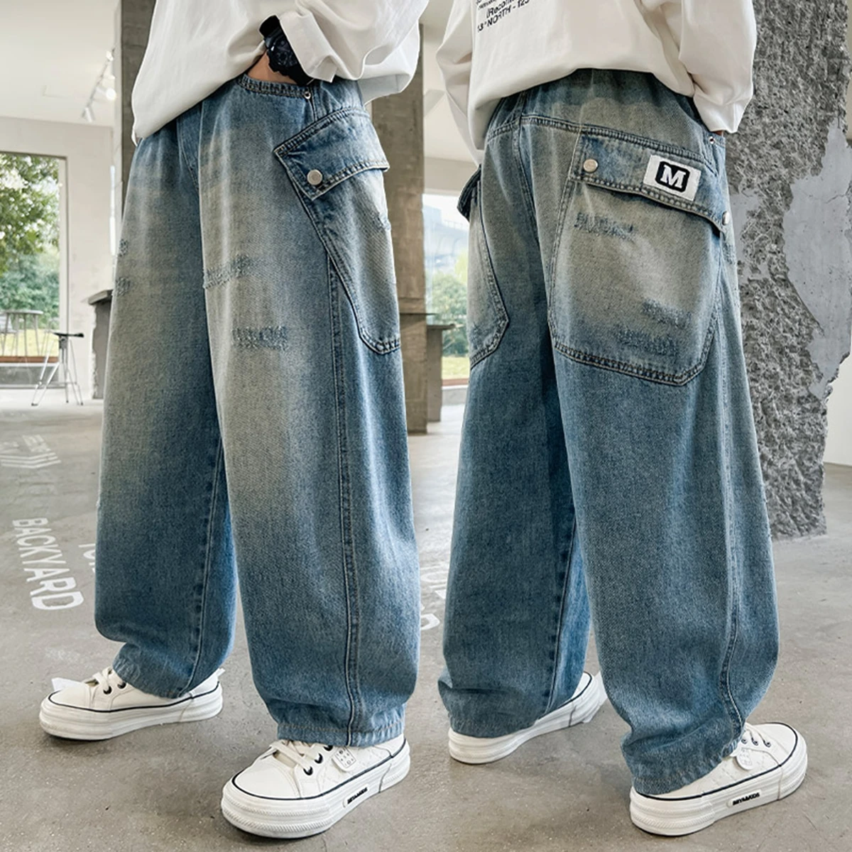 Trendy Boys Teen Loose Fit Denim Jeans Casual Ripped Kids Long Trousers Korean Style 1389 Cotton Blend for Autumn Spring