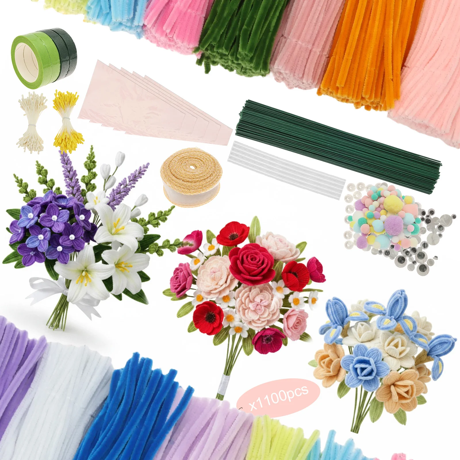 1000/1100Pcs Colorful Pipe Cleaner Set Chenille Stem Twisted Rod Iron Wire DIY Pipe Cleaner Craft Bouquet Making Kit Hand Gift