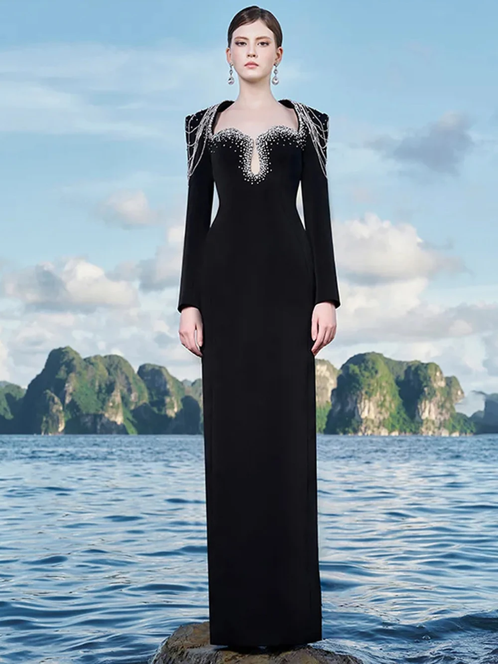 Modphy Sparkling Luxury Diamond Tassels Beads Long Sleeved Slim Maxi Dress Women'S Elegant Celebrity Evening Party Wedding Gowns
