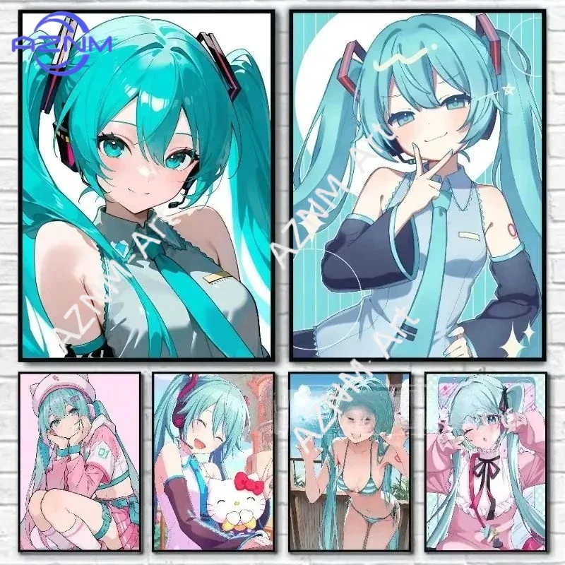 

1 шт. художественный постер на холсте с изображением Хатсуне Мику, водонепроницаемая бумажная наклейка для декора стен кофейни, бара, комнаты