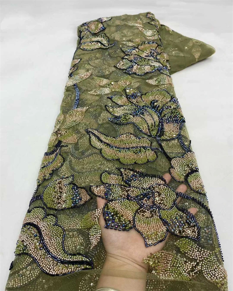 Luxury Nigerian Beaded Lace Fabric with High-Quality Sequins for African Party Dresses Special Occasion Sewing Material