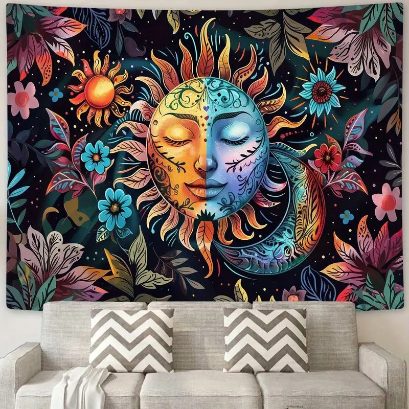 VIKAMA Sun Moon Face Floral Psychedelic Wall Tapestry Black Background Half Solar Lunar Colorful Flower Bohemian Bedroom Living